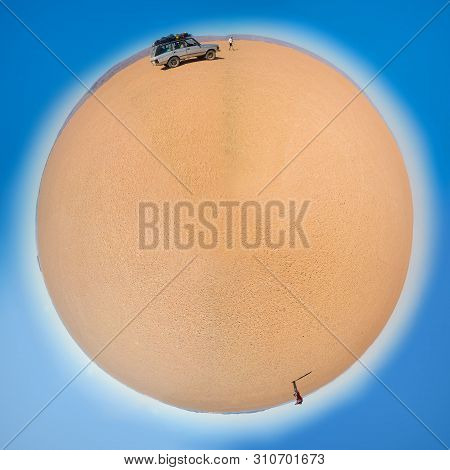Erg Chigaga, Morocco - October 09, 2013. Panoramic Planet Of Dry Lake Iriki In Sahara Desert With Of
