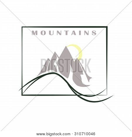 Beautiful Vector Logo For Company - Mountains, Landscape. Mountain Equipment, Skiing. Tourism And Va