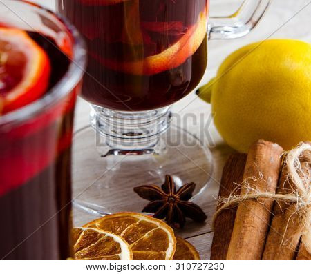 Mulled wine glintwine served in glasses for christmas table