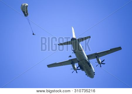 Boboc, Romania - May 22, 2019: Military Paratroopers Jump From An Alenia C-27j Spartan Military Carg