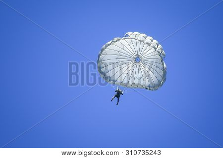 Boboc, Romania - May 22, 2019: Military Paratroopers Jump From An Alenia C-27j Spartan Military Carg