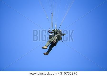 Boboc, Romania - May 22, 2019: Military Paratroopers Jump From An Alenia C-27j Spartan Military Carg