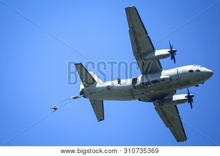 Boboc, Romania - May 22, 2019: Military Paratroopers Jump From An Alenia C-27j Spartan Military Carg