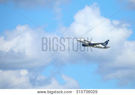 Otopeni, Romania - May 22, 2019: A Tarom Commercial Airplane Is Taking Off From The Henri Coanda Int