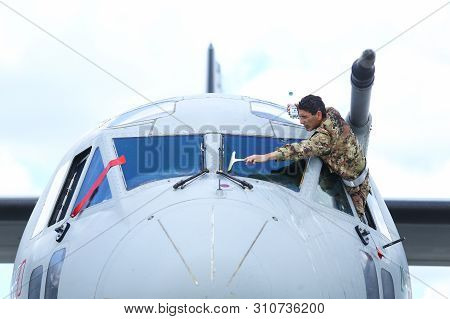 Otopeni, Romania - May 22, 2019: A Military Pilot Of An Alenia C-27j Spartan Military Cargo Plane Fr