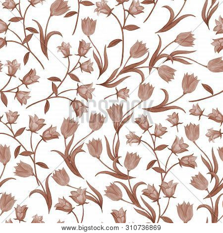 Simple Seamless Floral Pattern. Sepia Flower Onament On A White Background. Can Be Used For Pattern 