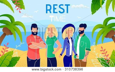 Summer Leisure In Tropical Country With Loved Ones Flat Vector Banner, Poster Template With Young Hi