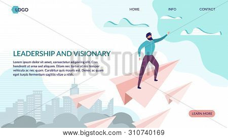 Leadership And Visionary Landing Page Flat Design. Business Strategy Aimed On Success. Office Worker