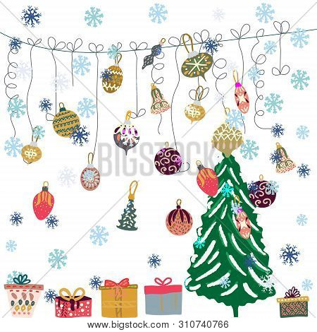 Square Greeting Card With Christmas Balls, Presents And Pine Tree. White Backgrround. Illustration.