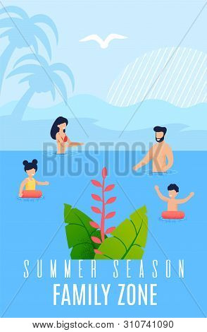 Tourist Flyer Summer Season Family Zone Cartoon. Tourist Flyer Parents On Holiday With Children At S