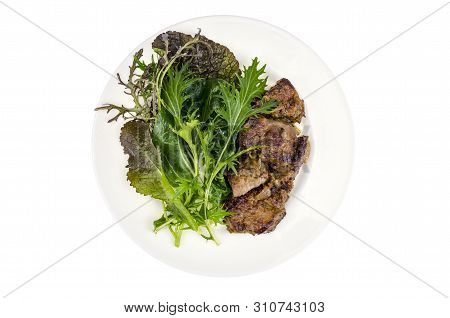 Slices Of Fried Liver, Green Leaves Of Salads