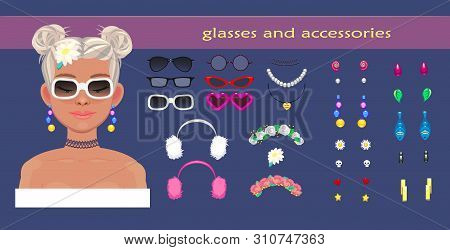 Avatar Young Girl, The Creator Of The Character With A Set Of Accessories And Jewelry. Vector Illust