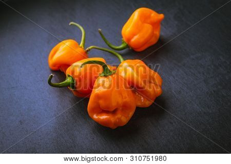 Grouping Of Raw Orange Habaneros On A Slate Surface