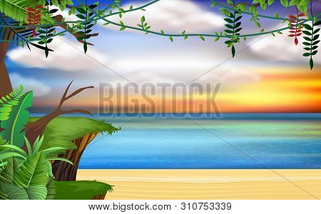 Landscape Of Cliff Onthe Beach In Sunset