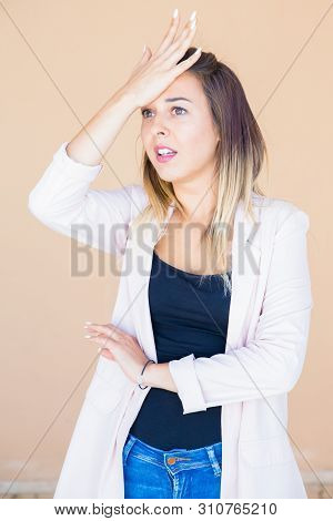 Shocked Forgetful Lady Remembering Something Important. Frustrated Stressed Young Woman Slapping Han