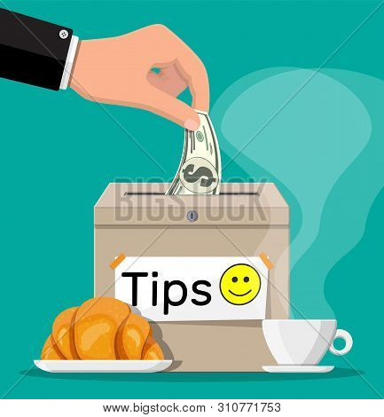 Tip Box Full Of Cash And Cup Of Coffee With Croissant. Thanks For The Service. Money For Servicing. 