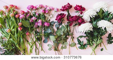 Flat-lay Of Purple Peonies, Pink Roses, Tulips And White Chrisanthemums