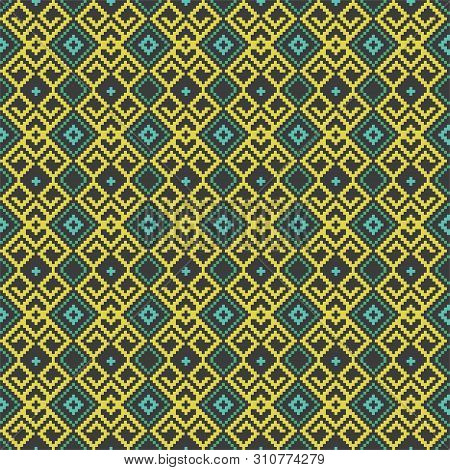 Ethnic Ornaments Pattern. Repeat Pattern Of Yellow, Green, Blue And Black