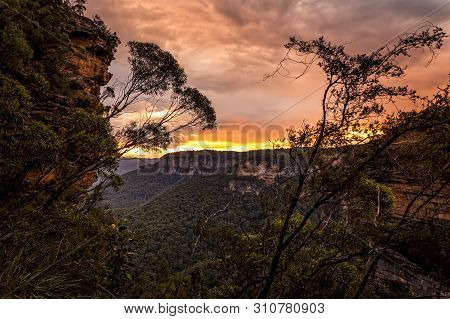 Beautiful Sunset Over The Cliffs And Valleys Of The Blue Mountains, Australia