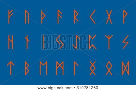 Set Of Ancient Norse Runes. Runic Alphabet, Futhark. Ancient Occult Symbols. Illustration. Old Germa