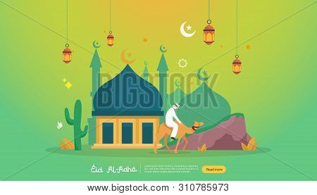 Islamic Design Illustration Concept For Happy Eid Al Adha Or Sacrifice Celebration Event With People