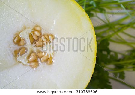 Open Halff Of Galia Melon Over Fresh Green Parsley Background. Overhead Shot