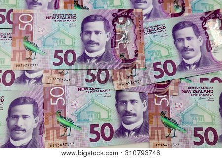 Close-up of New Zealand fifty dollar banknotes