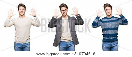 Collage of young handsome business man over isolated background showing and pointing up with fingers number ten while smiling confident and happy.