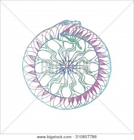 Neon Illustration Of A Uroboros Snake Eating Its Tail. Pattern, Idea For Tattoo.