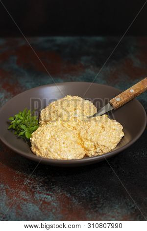 Serbian Salad Called Urnebes Of Cheese And Chili Peppers, Paprika Powder, Chopped Peppers And Dry Pe