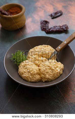 Serbian Salad Called Urnebes Of Cheese And Chili Peppers, Paprika Powder, Chopped Peppers And Dry Pe