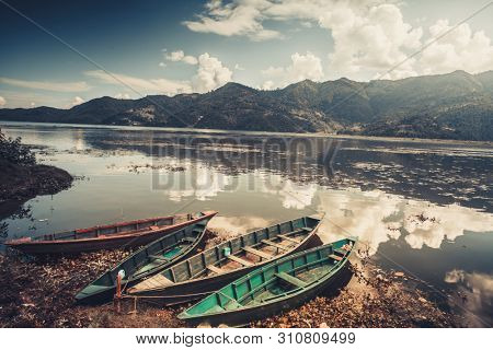 Boats on Pokhara Fewa Lake in Nepal