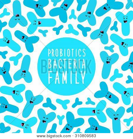 Funny Probiotics Bacteria Family Background Isolated On White, Gut And Intestinal Flora, Set In Flat