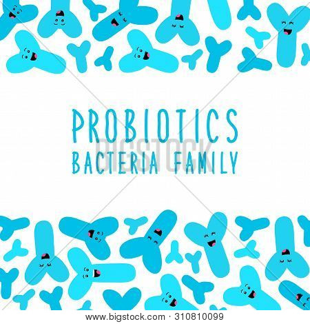 Funny Probiotics Bacteria Family Background Isolated On White, Gut And Intestinal Flora, Set In Flat