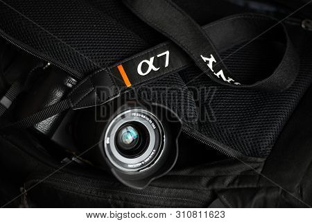 Chelyabinsk Region, Russia - July 2019. Logo On The Sony A7 Strap