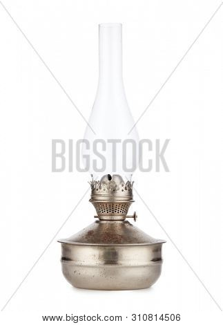 Vintage kerosene lamp isolated on white background. Glass oil lamp. Side view
