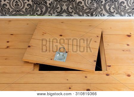 Wooden Square Old Hatchway In The Cellar