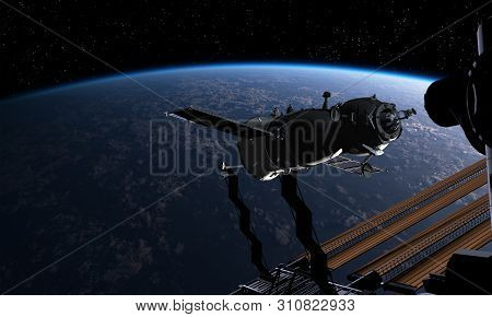 Spacecraft And Spacestation At The Earth Orbit. 3d Rendering Background. 3d Illustration