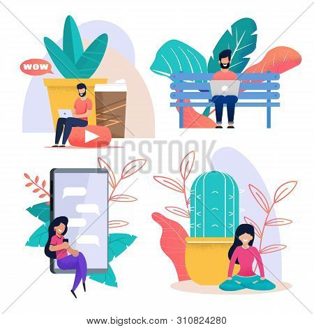 Freelancer Work And Rest Flat Cartoon Metaphor Set. Bearded Man Sitting And Typing On Laptop Or Watc