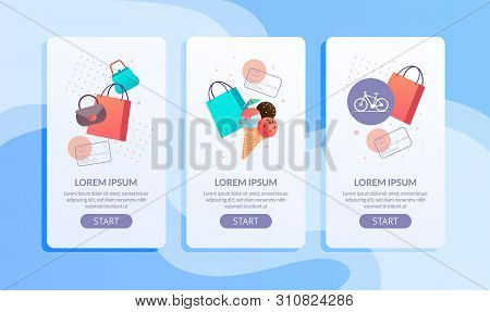 Online Shopping Mobile Application Page Flat Set. Sale And Discount Card Offer. Vector Ice Cream, Ha