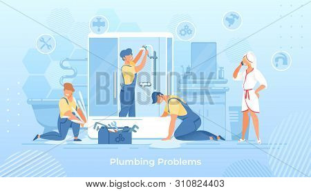 Group Of Plumbers Fixing Shower Cabin In Bathroom. Woman In Bath Robe Calling To Service. Workers In