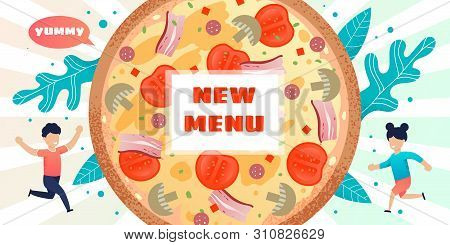 Banner Advertise New Menu. Children Running Around Huge Round Pizza With Vegetables, Sausages And Ba