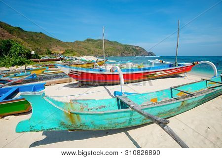 Fishing Boats On Mawun Beach - Lombok, Indonesia.