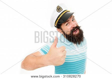 Summer Vacation. Hipster Beard Mustache Sailor Hat. Captain Of Cruise Liner. Brutal Seaman Isolated 