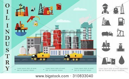Flat Oil Industry Concept With Fuel Trucks Near Petrochemical Plant Oil Derrick Drilling Rig Caniste