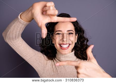 Close Up Photo Beautiful Amazing She Her Lady Girlish Toothy Smile Making Hands Arms Fingers Photo C