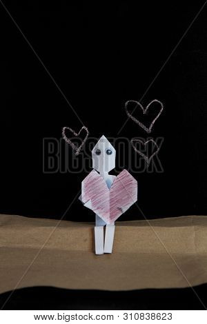Cute Little Paper Man In Love. Postcard, Recognition, Illustration.