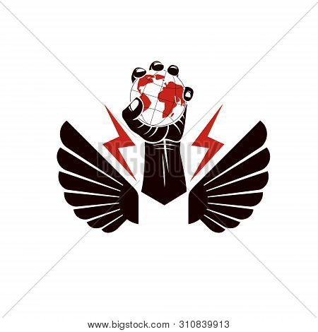 Winged Vector Emblem Composed With Raised Clenched Fist Composed With Earth Illustration. Authority 