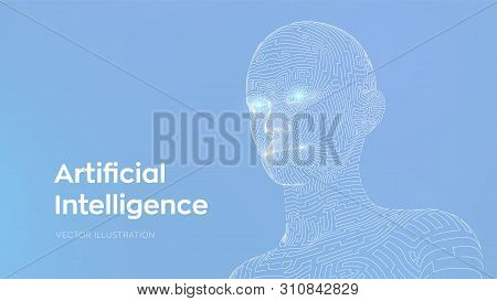 Artifactial Intelligence Concept. Ai Digital Brain. Abstract Digital Human Face. Human Head In Robot