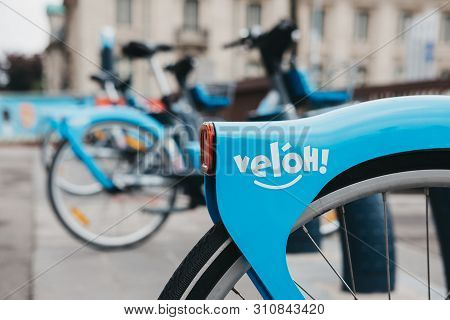 Luxembourg City, Luxembourg - May 19, 2019: Veloh Electric Pedal-assisted Rental Bikes On A Street I